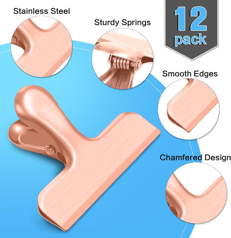 WUDIME Chip Clips, 12 Pack Bag Clips, Stainless Steel Chip Clip, Metal Clip for Food, Air Tight Seal Great for Kitchen Home Office(Rose Gold) - Image 3